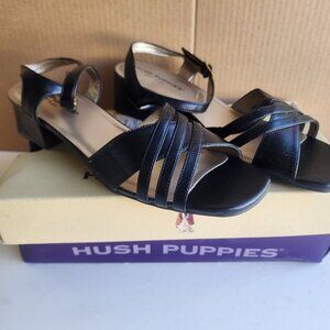 Hush Puppies Women's Black Leather Ankle Strap Block Heel Sandals Size 9m